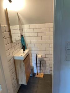 un baño con lavabo y espejo en Reetdachhaus am See Ostfriesland, en Leezdorf 34 fotos más