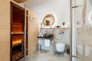 a bathroom with a toilet and a mirror at Log Garden Estate in Dobrova +62 photos