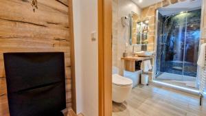 a bathroom with a toilet and a glass shower at Studio mit Küche, Bad und Süd Balkon und Bergblick in Pfronten