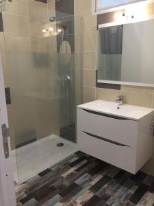 a bathroom with a white sink and a shower at Appartement proche du port in Mèze +3 photos