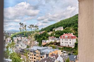 a view of a city with buildings and a mountain at Apartmán Karlstadt in Karlovy Vary