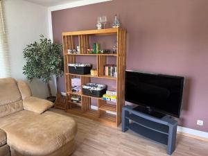 a living room with a tv and a couch at Ferienwohnung auf zwei Ebenen mit Terrasse in Gägelow +12 photos