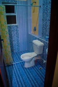 ein blaues Bad mit einem WC und einer Dusche in der Unterkunft Palm Terraces in Mombasa