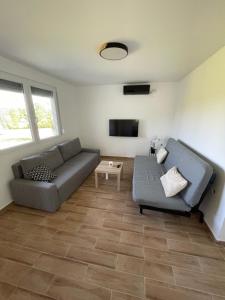 a living room with a couch and a tv at Deda Momirov zavičaj in Tulež