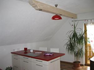 una cucina con bancone rosso e pianta di Fewo zwischen München und Garmisch a Wielenbach Altre 7 foto