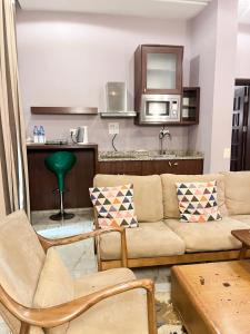 カノにあるSR Apartmentsのソファとキッチンのあるリビングルーム