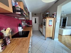 a kitchen with red walls and a kitchen with a counter at Zentrale, helle Wohnung mit Balkon! Ideal für Messe, Business und Städtereise in Frankfurt/Main