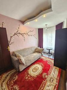 a living room with a couch and a red rug at Bella Donna Hotel in Chişinău +54 photos