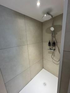 a bathroom with a shower with a light fixture at Maison Alsacienne Centre Alsace in Hilsenheim +20 photos
