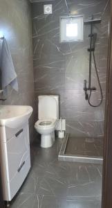 a bathroom with a toilet and a sink and a shower at Stepanavan Forest House in Stepʼanavan +6 photos