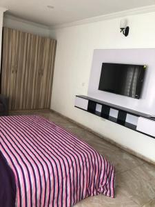 a bedroom with a bed and a flat screen tv at EmeraldSuites Blossom Court Alalubosa GRA in Ibadan