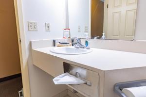 eine Badezimmerablage mit Waschbecken und Spiegel in der Unterkunft Gordon Hall Residence in Guelph + 3 Fotos