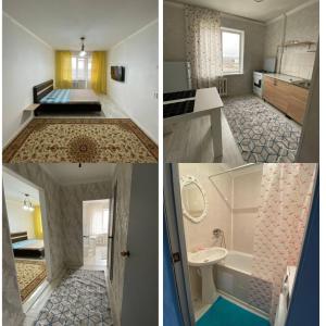 a collage of three pictures of a bathroom and a bedroom at Уютные апартаменты в 11 микрорайоне in Aktobe