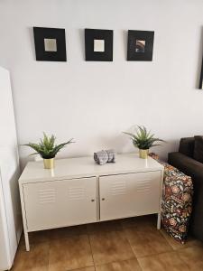 a white cabinet with two plants on a wall at The Colors House, 646 y 524 - Private Apartments in Costa Teguise