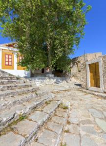 a group of stone steps in front of a building at Platanos Cottage in Symi