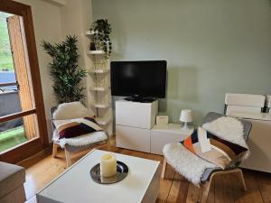 a living room with a tv and two chairs and a table at Candanchu Maitea in Candanchú