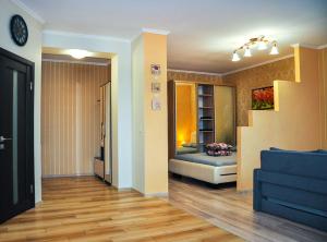 un soggiorno con un divano e un letto in una stanza di Центр Новострой Новая большая однокомнатная квартира со всеми удобствами a Mukačevo