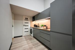 a kitchen with gray cabinets and a sink at Nomad Boutique Hostel - Women Only, Self Check-In, City Centre in Tallinn