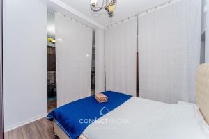 キシナウにあるGreat studio apartmentの青い毛布が掛けられたベッドのある寝室