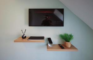 a tv on a wall with two wooden shelves at Le Colombier in Wailly