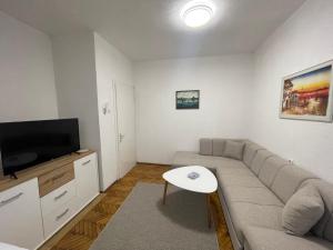 un salon avec un canapé et une télévision à écran plat dans l'établissement Bascarsija, à Ulcinj