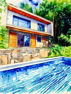 a painting of a house next to a swimming pool at Modernistyczna willa poety i aktorki, z widokiem na jezioro i góry oraz prywatnym basenem, sauną, kominkiem, lasem i ogrodem in Rożnów
