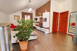 a living room with a potted plant in a room at Villa Mila in Vela Luka
