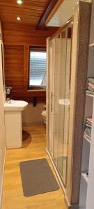 a bathroom with a glass shower and a sink at Ferienhaus Stamer am großen Meer in Bedekaspel