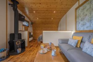 a living room with a couch and a wood stove at Ingleborough Luxury Pod with Hot Tub at Fell View Park Kirkby Lonsdale in Kirkby Lonsdale +14 photos