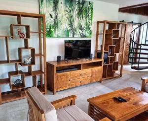 a living room with a television and wooden shelves at Villa Seremi in Bedahulu