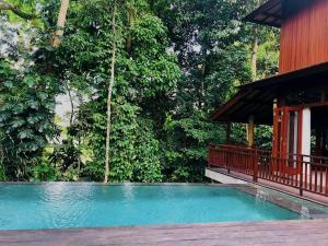 a swimming pool in front of a house with trees at Villa Seremi in Bedahulu
