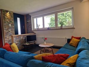 a living room with two blue couches and a tv at Löhgarten in Kleinmaischeid