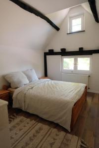 een slaapkamer met een bed en twee ramen bij Ferienhaus Fachwerklust in der Eifel in Mechernich