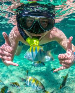 a person swimming in the water with fish at Nossa Casa Maracaipe in Porto De Galinhas