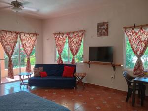 a living room with a blue couch and a tv at Rancho Camote - Diego Studio in Chichimilá