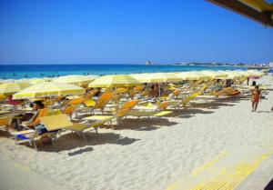 a bunch of chairs and umbrellas on a beach at Palazzo Primavera in Porto Cesareo