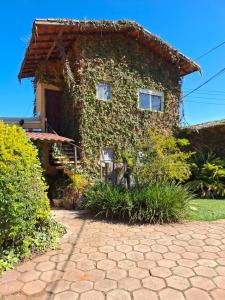 a house covered in ivy with a patio in front at Apartamento Verde in Avaré
