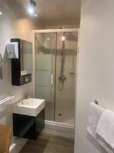 a bathroom with a shower and a sink and a shower at La Pomme de Pin in Senonches