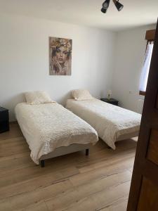 a bedroom with two beds and a painting on the wall at Maison calme à la campagne in Cléré-les-Pins