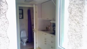 a small kitchen with a sink and a toilet at Pärlebo in Mellbystrand +8 photos