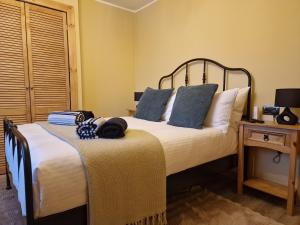 a bedroom with a large bed with blue pillows at Failte Stay in Inverness