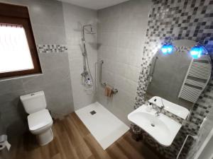 a bathroom with a sink and a toilet and a mirror at La Casina San Román de la Vega in San Justo de la Vega