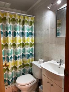 a bathroom with a toilet and a sink and a shower curtain at Hostal Mi Casa in Canela Baja