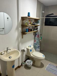 a bathroom with a white toilet and a sink at Casa Marion in Puerto Jiménez