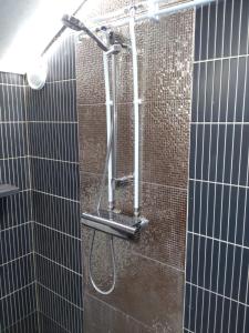 MuuruvesiにあるGreen Dreamの黒いタイルの浴室のシャワー