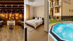 two pictures of a hotel room with a swimming pool at Pensiunea Konfort in Baile Felix