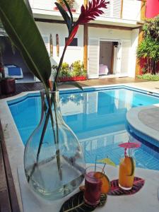 a vase with a plant in it next to a swimming pool at Pousada Cana Caiana in Paraty