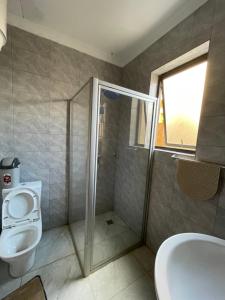 a bathroom with a toilet and a shower and a sink at Cozy Home-Rusororo-near airport in Kigali