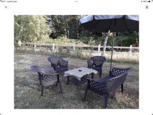 un tavolo e quattro sedie e un ombrellone di Gîte La Maison d Hélène a Millac