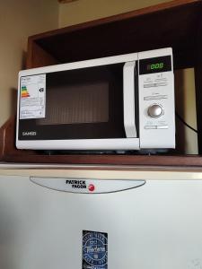 a microwave oven sitting on top of a refrigerator at Alojamiento Villa Elisa in Villa Elisa